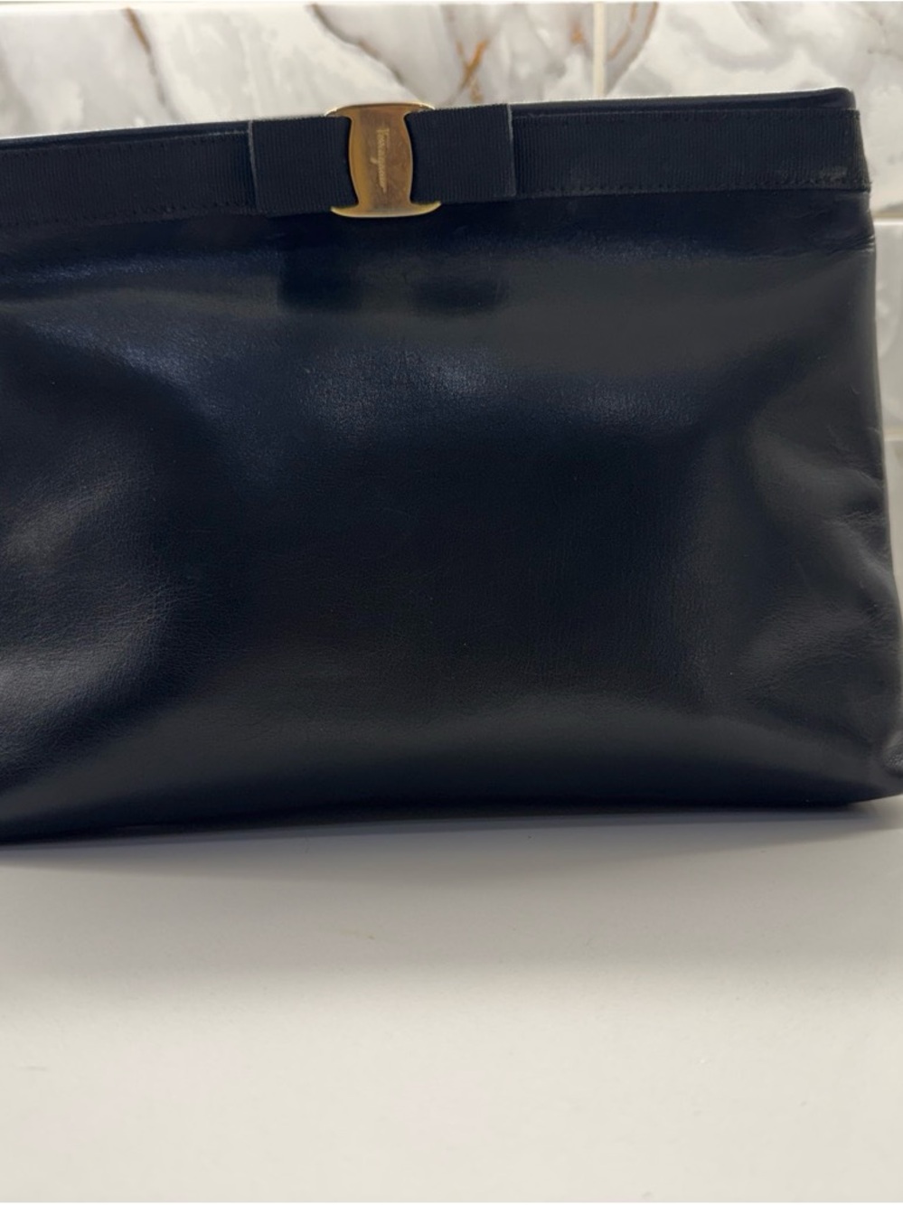 Salvatore Ferragamo Black Leather Bow-Trim Shoulder Bag with Gold Clip